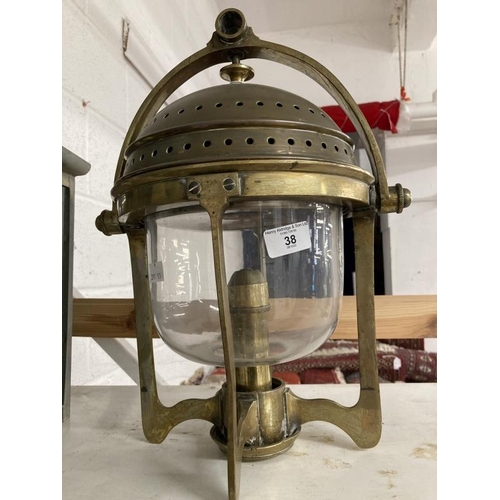 38 - Nautical: Brass marine hanging light stamped Ratcliff, small chip to glass dome. 10ins.