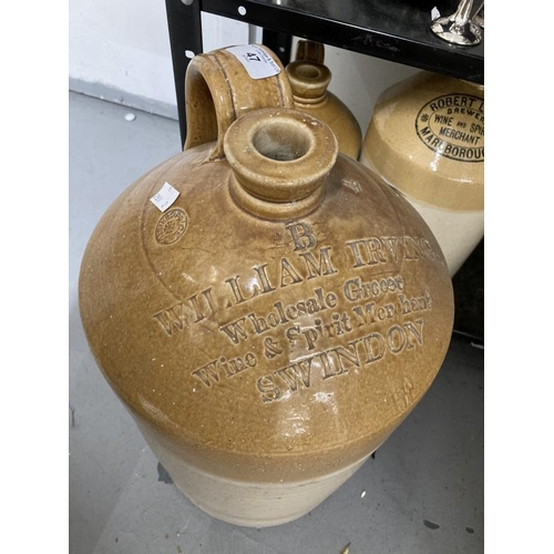 47 - 19th cent. Earthenware jugs the largest 20ins tall, William Irving Wine & Spirit Merchant Swindon, p... 