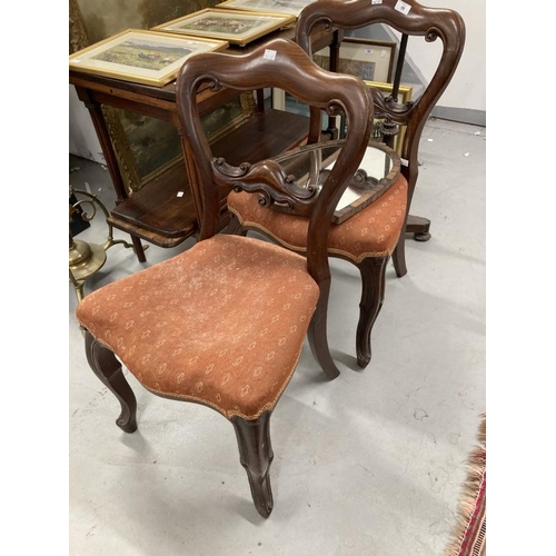 48 - Victorian dining chairs with shaped back splats, upholstered seats on cabriole legs, a pair. Plus a ... 