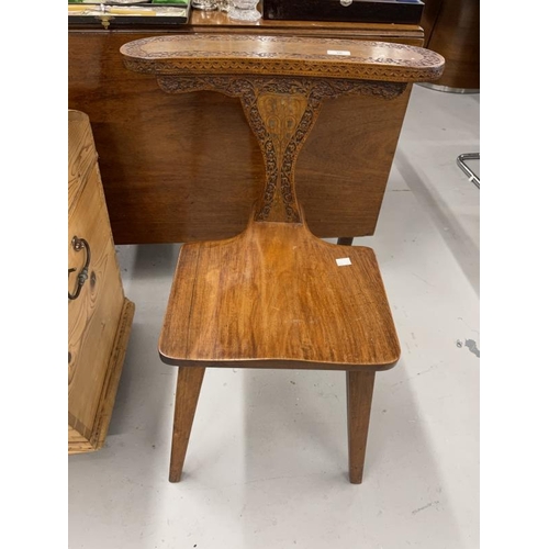 56 - 20th cent. Mahogany cockfighting chair with carved foliate decoration and inlaid brass vine and leaf... 