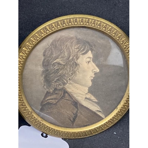 586 - Miniatures: Brass framed pencil drawing, a gentleman in a round brass frame, watercolour of a young ... 