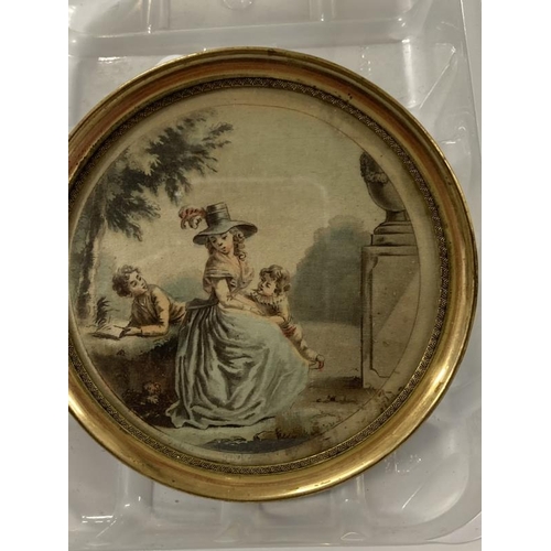 587 - 19th cent. English School: Pair of miniatures lady and children painted on silk in round brass frame... 