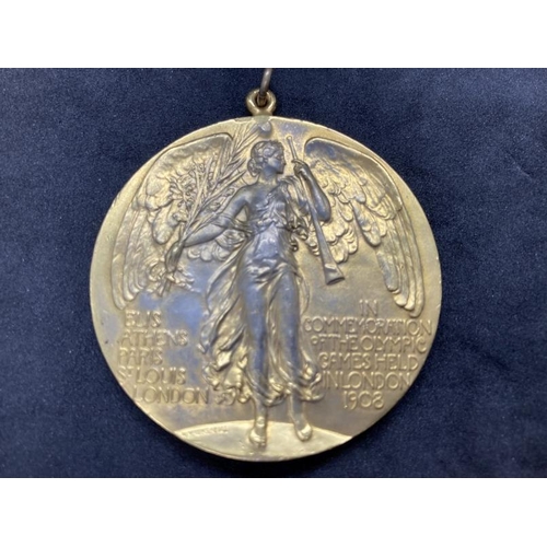 592 - Olympic Games: 1908 pewter gilt Participation Medal, on the obverse is a Greek quadriga with the cha... 