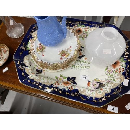 61 - Ceramics & Glass: Mixed lot to include Gaudy Welsh meat plate, blue jug, plates and a white glass va... 