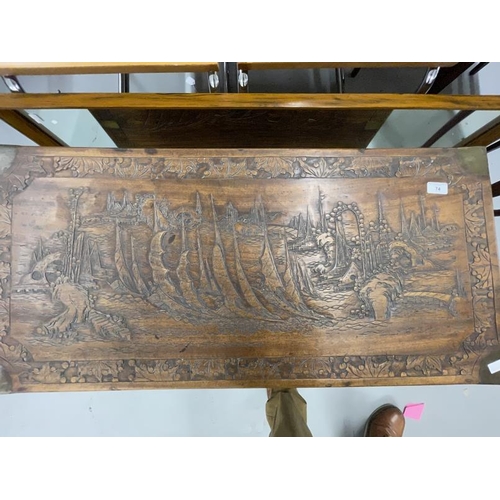 74 - 20th cent. Camphor wood marriage chest decorated with carved Oriental fishing boats. 37ins. x 17ins.... 