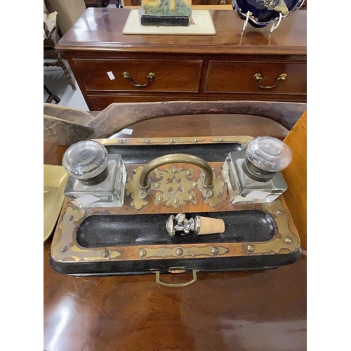 86 - Late 19th cent. Walnut and brass inkwell with two square glass bottles, single drawer and brass carr... 