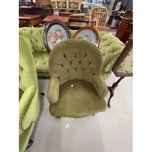 89 - Late Victorian green upholstered chairs, two arms with button backs, a small armchair and a slipper ... 