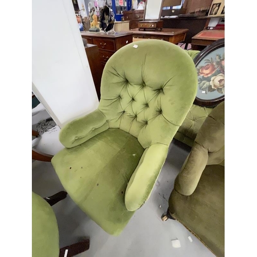 89 - Late Victorian green upholstered chairs, two arms with button backs, a small armchair and a slipper ... 