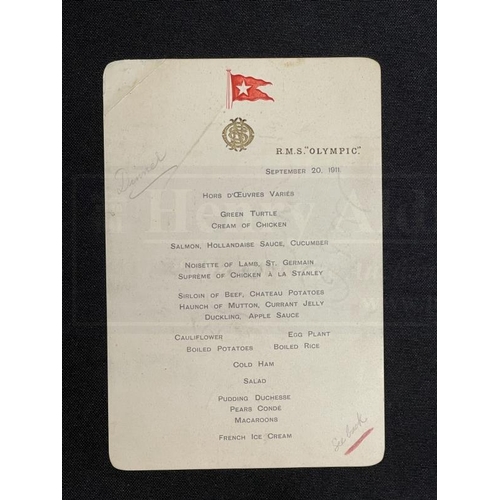 195 - R.M.S. OLYMPIC: Extremely rare signed First-Class dinner menu for Titanic's sister Olympic dated Sep... 