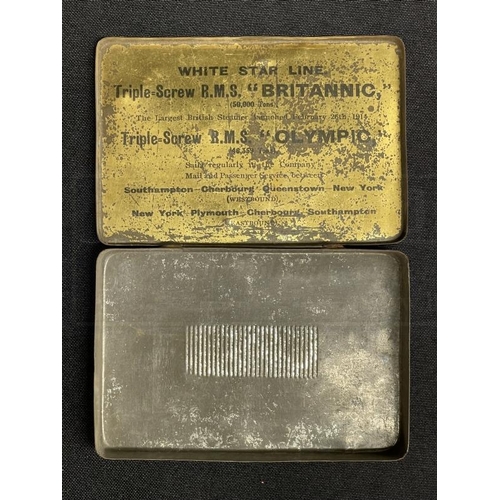 197 - WHITE STAR LINE: Heavily used R.M.S. Britannic/R.M.S. Olympic cigarette tin with match striker. 4½in... 