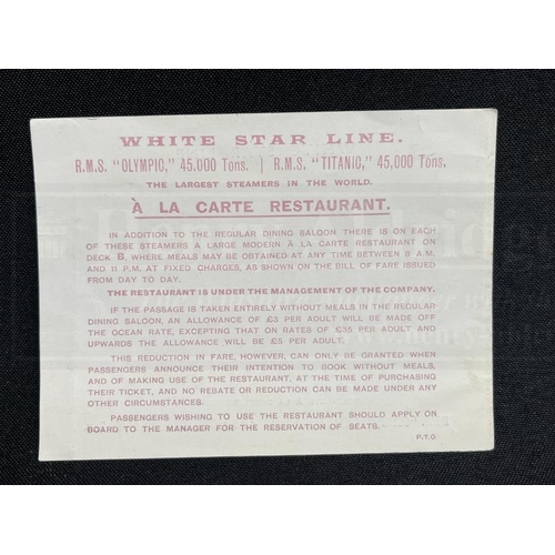 247 - R.M.S. TITANIC: Rare A La Carte Restaurant flyer from a promotional brochure, owned by Second-Class ... 