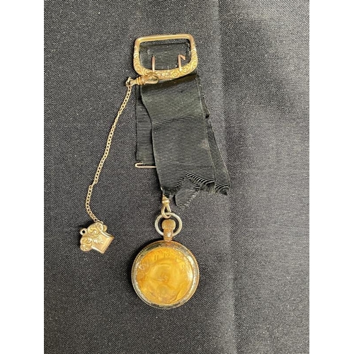 254 - R.M.S. TITANIC: Postal clerk Oscar Scott Woody's gilt Ingersoll pocket watch with black ribbon fob, ... 