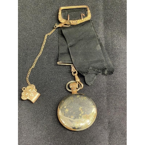 254 - R.M.S. TITANIC: Postal clerk Oscar Scott Woody's gilt Ingersoll pocket watch with black ribbon fob, ... 