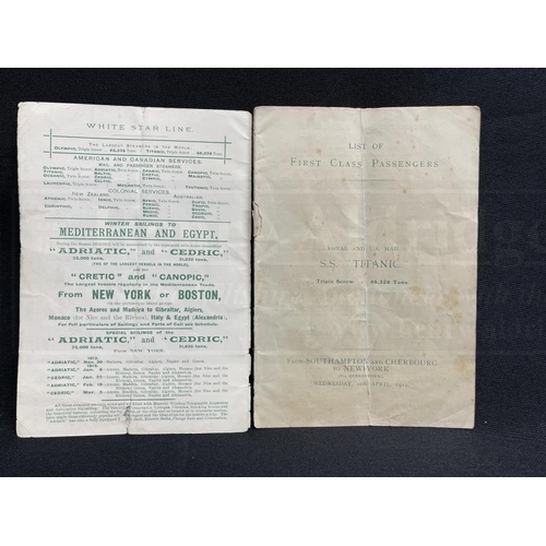 256 - R.M.S. TITANIC: Extremely rare First-Class passenger list that survived the sinking in the pocket of... 