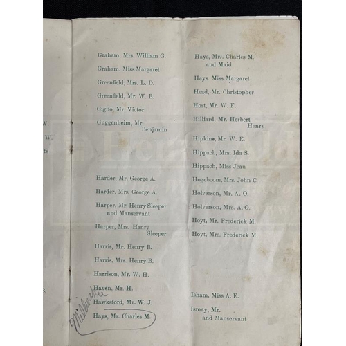 256 - R.M.S. TITANIC: Extremely rare First-Class passenger list that survived the sinking in the pocket of... 