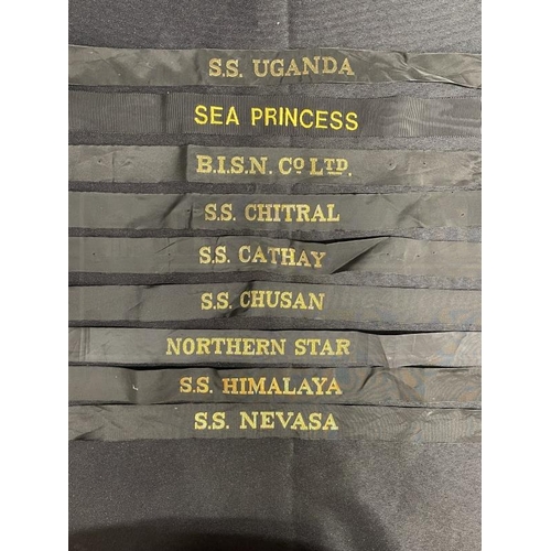 38 - OCEAN LINER: Sailors cap ribbons S.S. Chitral, S.S. Nevasa, S.S. Himalaya, B.I.S.N. Co. Ltd, Sea Pri... 