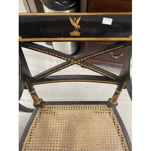 107 - 20th cent. Empire style armchairs ebonised wicker work seats with gilded decoration and crests to ba... 