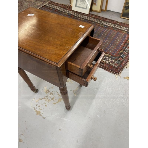 111 - 19th cent. Mahogany work table with two flaps and two drawers on turned legs and castors. 28¼ins. x ... 