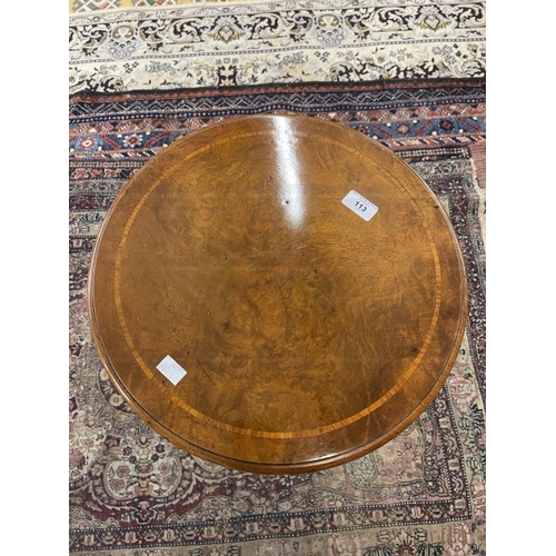 113 - Victorian walnut tripod table by Holland & Sons c1860 the circular top inlaid with a satinwood band ... 