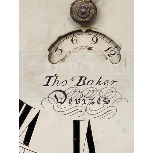 130 - Clocks: 19th cent. Oak and mahogany 30 hour longcase clock Thomas Baker Devizes, with 12ins painted ... 