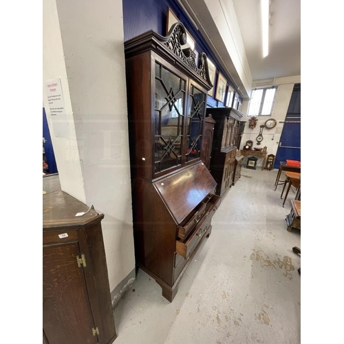 134 - George III mahogany bureau bookcase c1770 with fret carved swan neck pediment above a pair of geomet... 