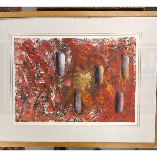 148 - 20th cent. Acrylic abstract framed and glazed 19ins. x 27ins. Silk screen of sun and trees monogramm... 