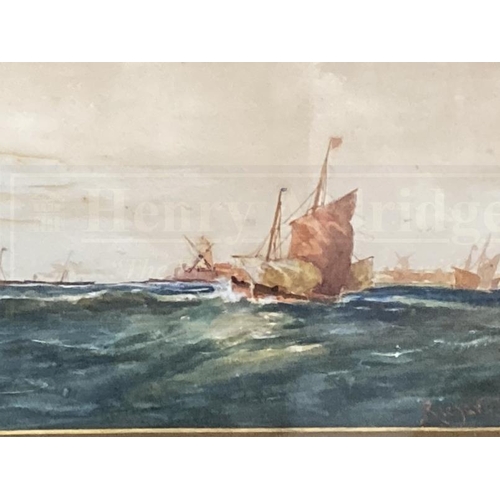 168 - Richard Short (1841-1916): Watercolour on paper, sailing ships at sea, signed lower right Richard Sh... 