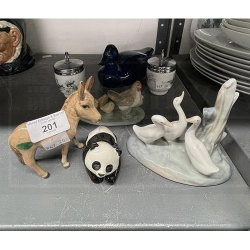 201 - Ceramics: Poole blue pottery duck, Beswick donkey 4¼ins, Beswick panda 3ins, Lladro group of geese 4... 