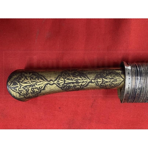 249 - Edged Weapons: Indo Persian short sword T shaped steel blade 16ins, the grip decorated with gold lea... 