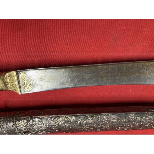 249 - Edged Weapons: Indo Persian short sword T shaped steel blade 16ins, the grip decorated with gold lea... 