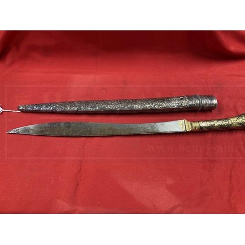 249 - Edged Weapons: Indo Persian short sword T shaped steel blade 16ins, the grip decorated with gold lea... 