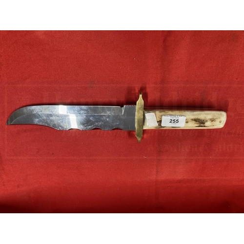 255 - Knives: Extremely large Harry Boden Bowie knife, brass guard, two piece antler handle. Blade 9½ins. ... 