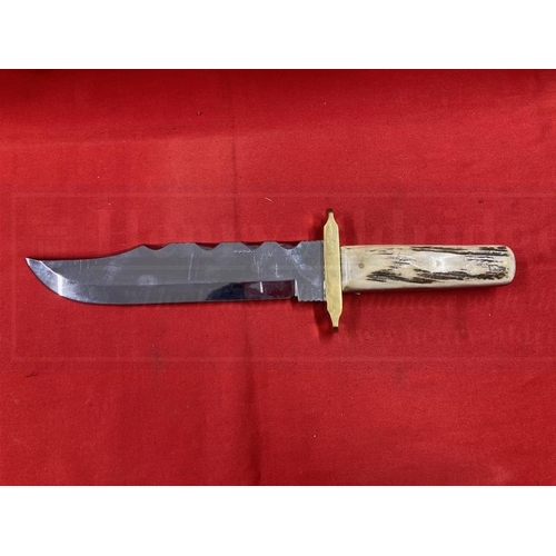 255 - Knives: Extremely large Harry Boden Bowie knife, brass guard, two piece antler handle. Blade 9½ins. ... 