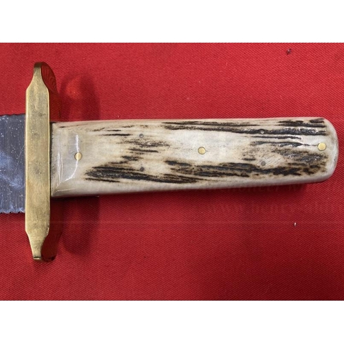 255 - Knives: Extremely large Harry Boden Bowie knife, brass guard, two piece antler handle. Blade 9½ins. ... 