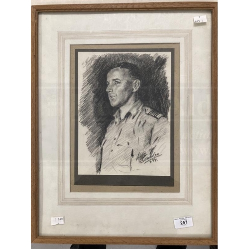 257 - Pencil portrait, WWII R.A.F Officer, signed monogram A.W.B. Jerusalem 44, framed and glazed. 7½ins. ... 