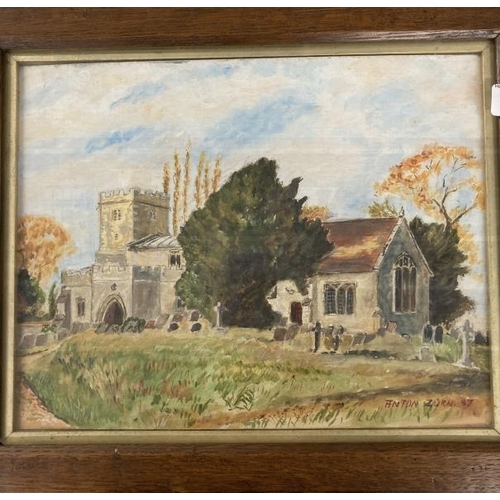 259 - Militaria/Paintings: Watercolour, Longworth Church Berkshire signed Anton Zurn 47, written in pencil... 