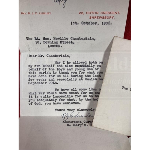 262 - Militaria/Politics: Interesting letter from Reverend Lumley, dated 1st October 1938, to Neville Cham... 