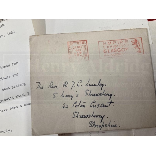 262 - Militaria/Politics: Interesting letter from Reverend Lumley, dated 1st October 1938, to Neville Cham... 