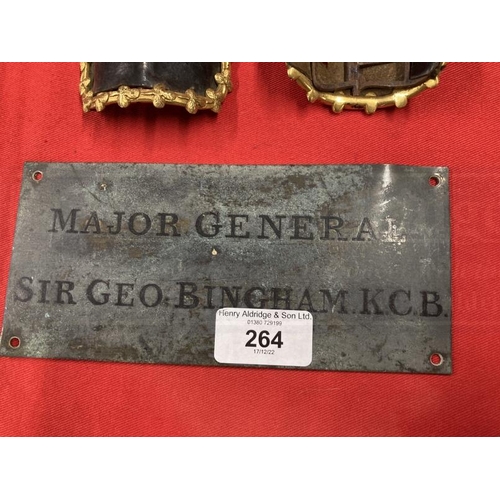 264 - Collection of brass and other name plates for Major General Sir George Bingham KCB, a pair of early ... 