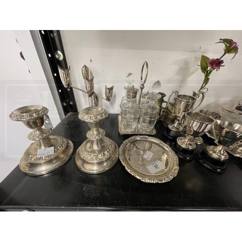 37 - White Metal: Silver plated tray, pair of candlesticks, two cache pots, salt and pepper, plated troph... 