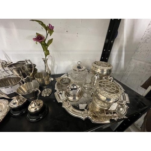 37 - White Metal: Silver plated tray, pair of candlesticks, two cache pots, salt and pepper, plated troph... 