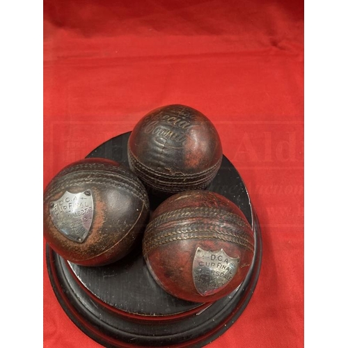 377 - Cricket/Sporting: 1920s Nottingham/Derbyshire Cup Final Cricket Balls with white metal plaques 'DCA ... 