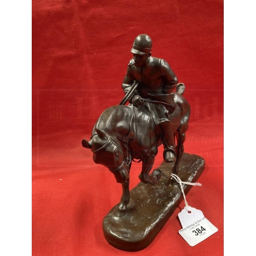 384 - Gaston d'Illiers (1876-1952): Piqueux au Trot bronze huntsman, smoking a pipe, on his horse, signed ... 