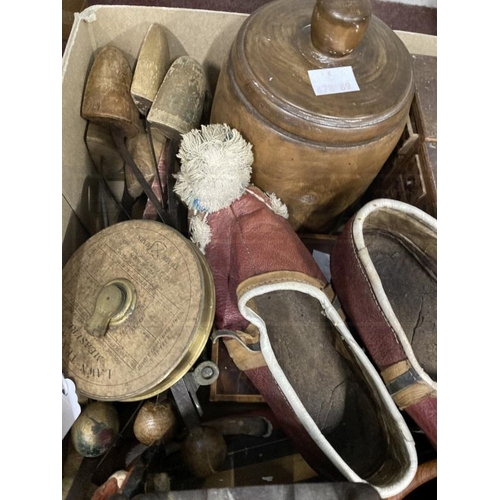 392 - Collectables: Pair of Chinese wooden shoes, two treen bowls, amboynia box, plaster figure, magnifyin... 