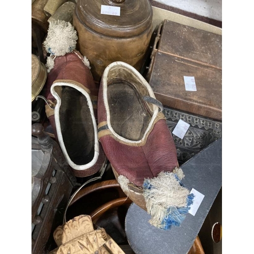 392 - Collectables: Pair of Chinese wooden shoes, two treen bowls, amboynia box, plaster figure, magnifyin... 