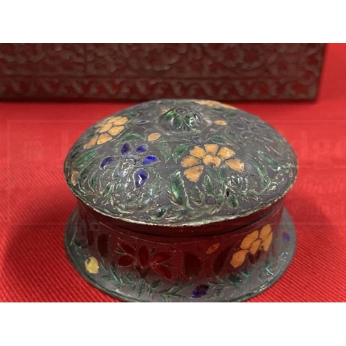 396 - Metalwork: Kashmir and copper trinket box, floral decoration with blue enamel, a tumbler inlaid with... 