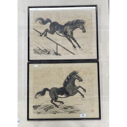 401 - Chinese School: 20th cent. Ink wash paintings on rice paper of running horses in the manner of Xu Be... 