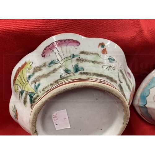 404 - Chinese Nyonya Straits porcelain shaped bowl decorated with a chicken and flowers. 6¾ins. Plus an ob... 