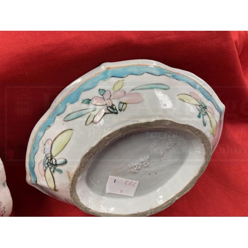 404 - Chinese Nyonya Straits porcelain shaped bowl decorated with a chicken and flowers. 6¾ins. Plus an ob... 