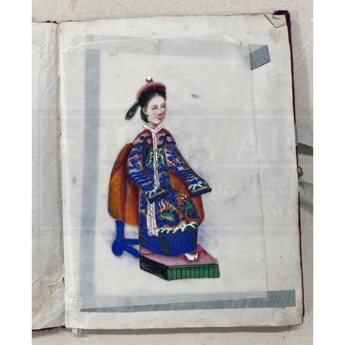 407 - Chinese 19th cent. Album containing eleven watercolours of figures on pith paper, stamped Namshing i... 